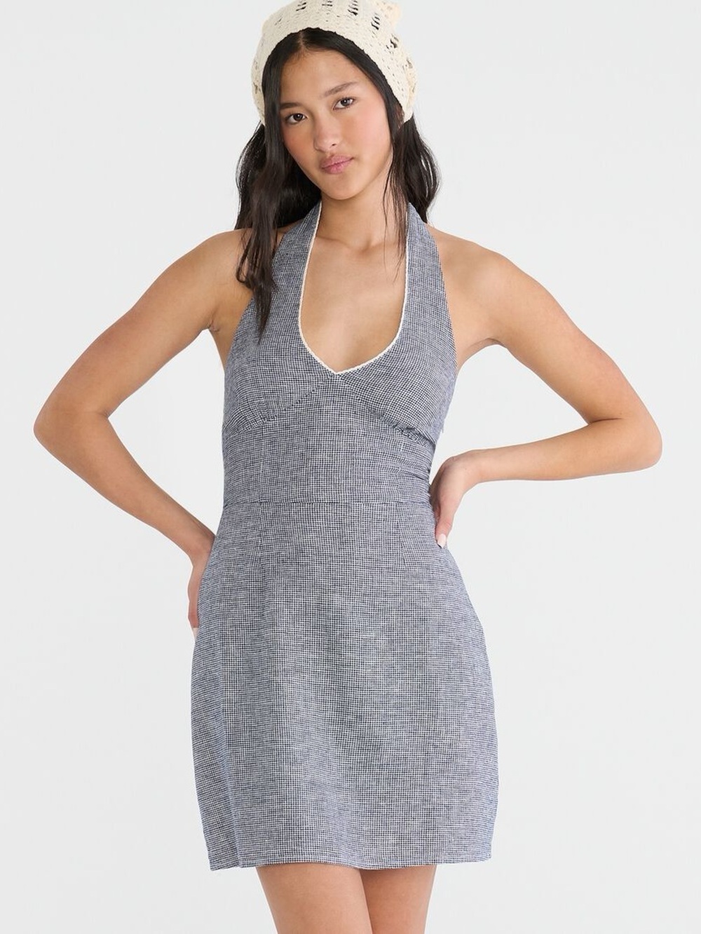 Aeropostale Gingham V-Neck Halter A-Line Mini Dress in Navy/White Size Medium